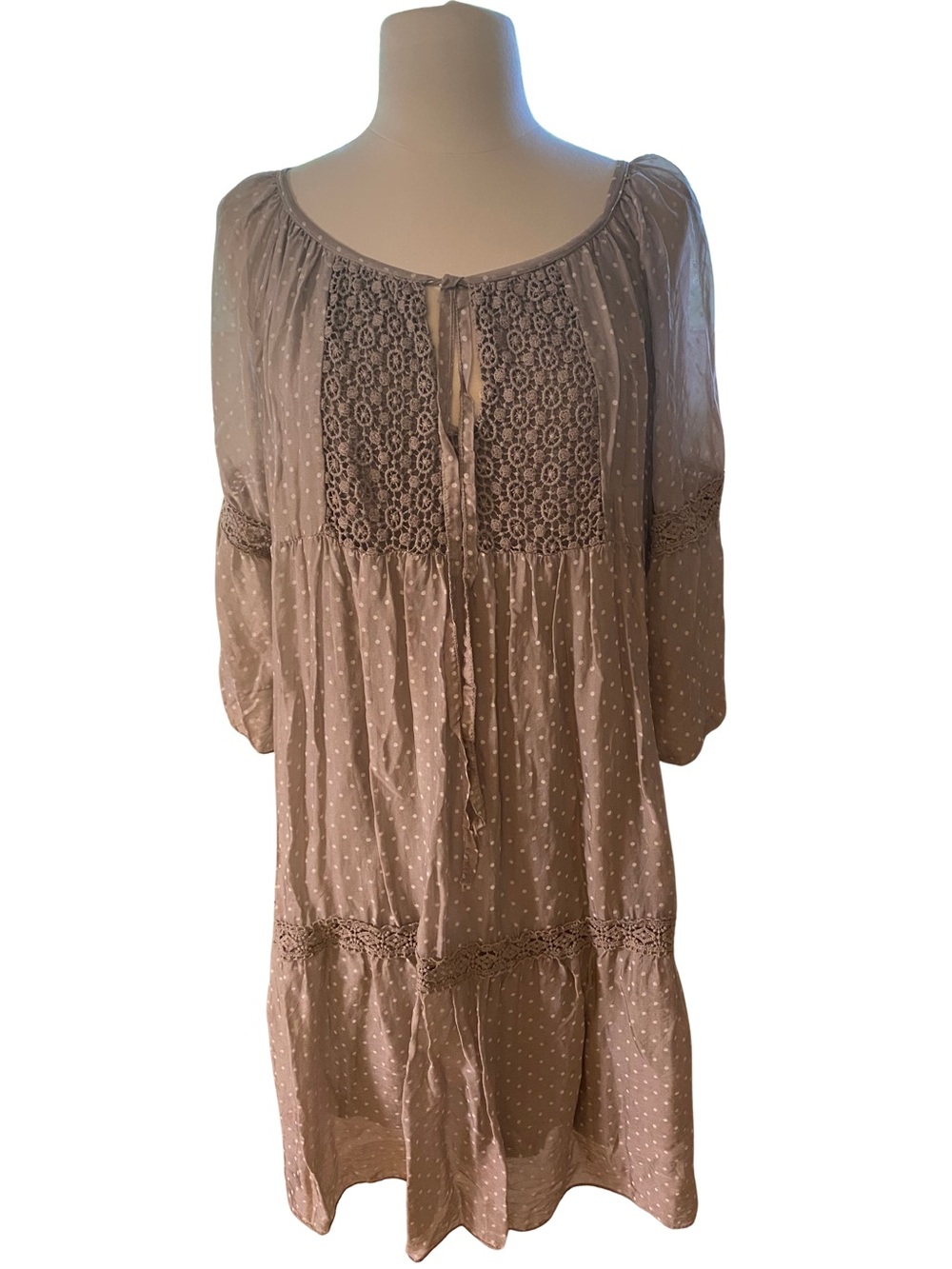 Boho Taupe Polka Dot Lace-Trim Mini Dress